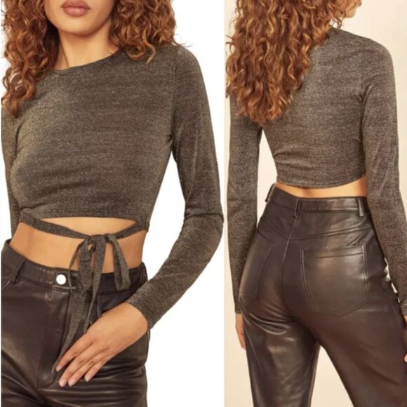 New Reformation Large Jupiter Metallic Sparkle Cream Tie Long Sleeve Crop Top - Picture 12 of 12